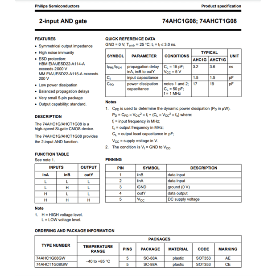 74AHC1G08GW SC-88A SOT323 AE MARK 2 INPUT AND GATE
