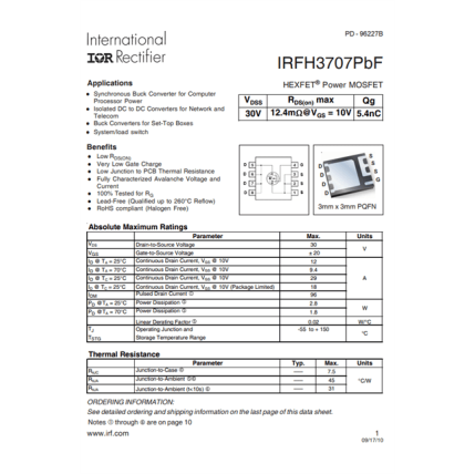IRFH3707 - IRFH3707TRPbF N-Channel 30V 29A PQFN3x3 HEXFET Power MOSFET IRFH3707 - IRFH3707TRPbF N-Channel 30V 29A PQFN3x3 HEXFET Power MOSFET