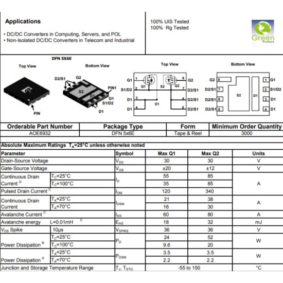 AOE6932 E6932 Dual Asymmetric N-Channel 55A/85A DFN5x6 MOSFET