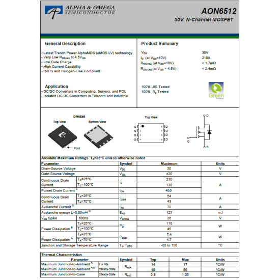 AON6512 30V N-CHANNEL 210A DFN5x6 MOSFET AON6512 30V N-CHANNEL 210A DFN5x6 MOSFET