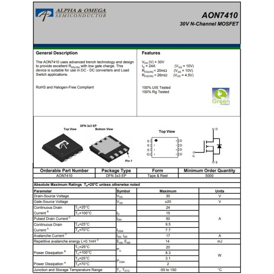 AON7410 30V N-Channel 24A DFN3x3 MOSFET AON7410 30V N-Channel 24A DFN3x3 MOSFET