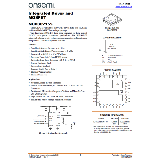 NCP302155 NCP302155MNTWG onsemi Integrated Driver and MOSFET PQFN-31 NCP302155 NCP302155MNTWG onsemi Integrated Driver and MOSFET PQFN-31