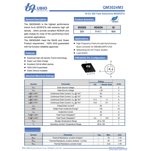 QM3024M3 M3024M M3024M3 N-CHANNEL 30V 46A MOSFET