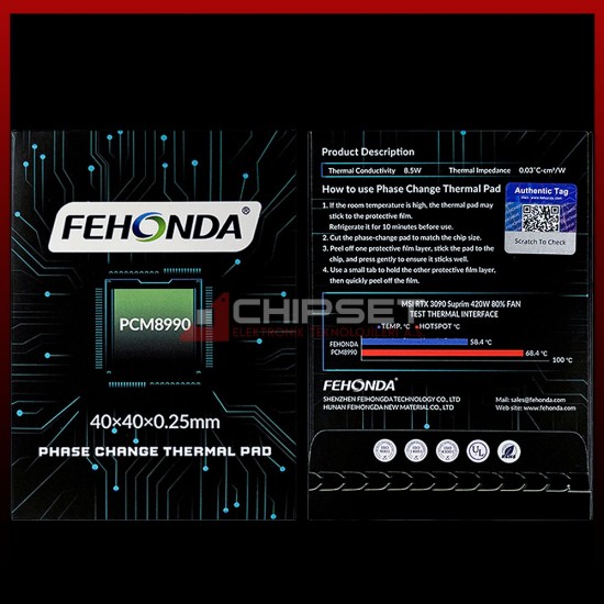 Fehonda® PCM8990 8.5W/mK 40x40x0.25mm Phase Change Pad Fehonda® PCM8990 8.5W/mK 40x40x0.25mm Phase Change Pad